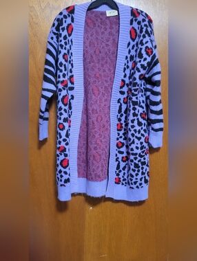 ANNA KAY Purple Open-Front Leopard & Zebra Print Cardigan with Red Accents